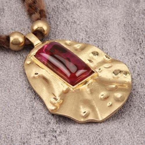 Boho Necklace for Women Adjustable Silicone Rope with Gold Beaded Pendant Chunky Handmade Vintage Jewelry - style: Leopard Red Stone Necklace