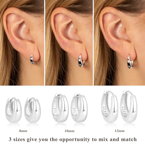 Poxtex Small Sterling Silver Huggie Hoop Earrings Set for Women, Hypoallergenic 14K Gold Plated Hoops Stacks for Multiple Piercings, Dainty Cute Mini Lightweight Cartilage Studs Trendy Jewelry Gift - color: Silver-chunky hoops 8 10 12