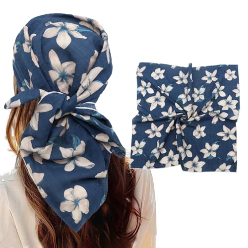 Bandanas for Women Men 21"x21" Floral Headband Scarf Versatile Hair Bandana Square Head Scarf - color: Blue Big White Flowers