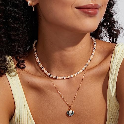 KissYan Boho Beaded Choker Necklace for Women, Gemstone Choker Natural Stone Freshwater Pearl Surfer Necklaces 14K Gold Plated Summer Beach Handmade Jewelry - color: F-Black Quartz