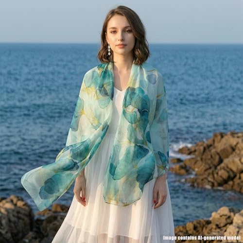 100% Mulberry Silk Women's Neck Silk Scarf-Lightweight Shawl,FLoral Print Beach Silk Wrap-Scarves for Photography - color: Blue Ginkgo Leaf