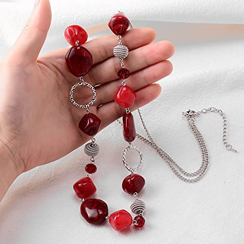 BULINLIN Beaded Long Necklace for Women Silver Sweater Chain Necklace with Crystal Resin Beads, Fashion Jewelry Necklace - color: 53-Dark light red