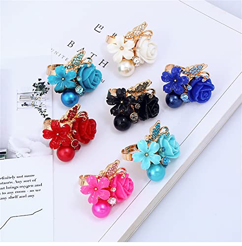 CZ Rose Flower Wedding Ring for Women Statement Engagement Round Rhinstone Crystal Aryclic Daisy Plumeria Adjustable Open Wrap Finger Rings Comfort Fit Cocktail Party Valentine Jewelry - color: Black
