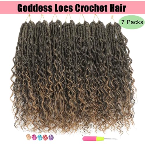 Goddess Locs Crochet Hair 7 Packs Bohemian Faux Locs Pre-Looped Braids, Boho Goddess Soft Locs Crochet Hair with Curly Ends Hair Extensions for Women (T27, 18 Inch) - color: T27, size: 18 Inch