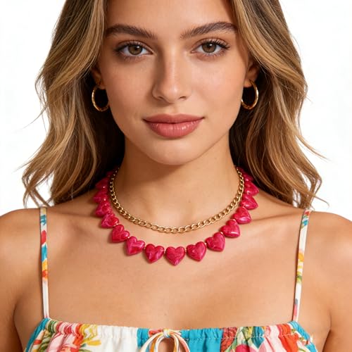 YUJIE Amber Acrylic Heart Choker Necklace for Women Vintage Punk Chunky Necklace Trendy Fashion Accessory - color: hot pink