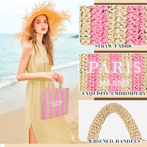 Straw Beach Bag for Women Summer Woven Tote Bag Packable Straw Purses and Handbags for Vacation Holiday - color: M-pink