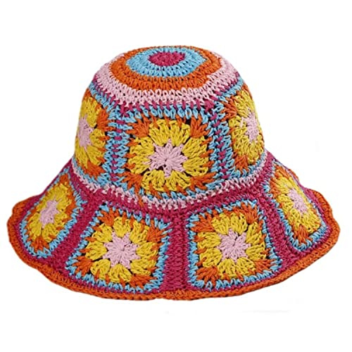 Women Straw Sun Hat Floral Woven Crochet Bucket Hat Y2k Aesthetic Accessories Beach Hat Hand Woven Boho Foldable Cap - color: Rose