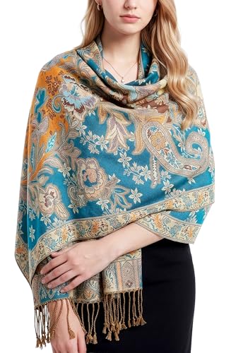 Achillea Elegant Paisley Floral Pashmina Shawl and Wrap – Boho Rave Scarf for Festival, Travel & Everyday Wear - color: Teal Dark Amber