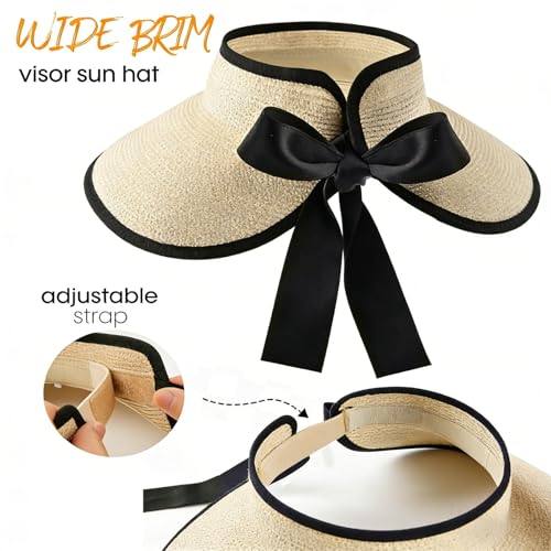 Women's Sun Visor Hats Wide Brim Beach Hat Straw Ponytail Visor Packable Foldable UPF 50+ Floppy Travel Hats - color: Beige01