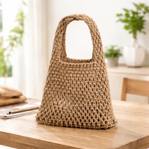 Handmade Cotton Rope Tote Bag – Hollow Weave Beach Bucket Bag with Wrist Strap, Ideal for Vacation and Resort Use