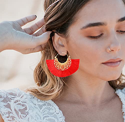 Tassel Hoop Earring Statement Thread Dangle Earrings Stylish Long Fringe Drop Earrings Lightweight Long Swingy French Hook Earrings for Women - color: B Red
