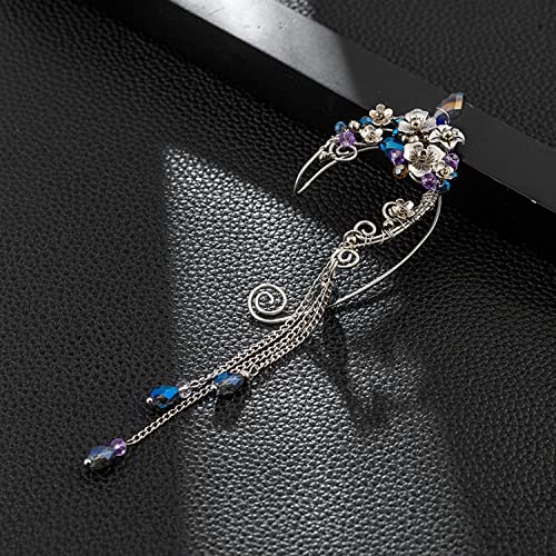 Elf Ear Cuffs, OwMell Handcraft Silver Pointed Fairy Elven Cosplay Fantasy Costume Bridal Wedding Earrings for Non Pierced Ears - style: Bule Tassel