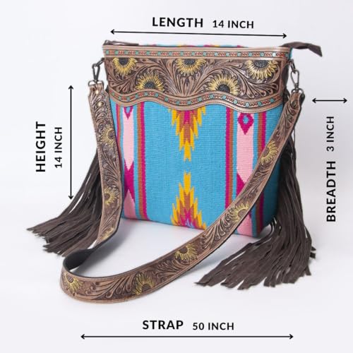 Merbaa Women Handtooled woolen saddle blanket hand woven Crossbody Bag - color: Blue 2