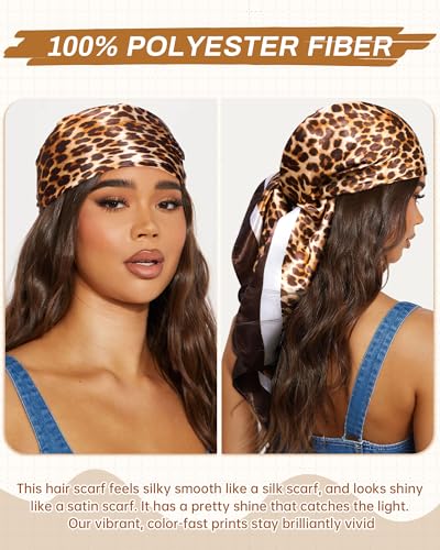 Mesovor 35” Square Head Scarf for Women, 3 Pack Like Silk Satin Headscarf Hair Neck Scarf Top Bandanas for Sleeping - color: Leopard(gray/Yellow/Coffee)
