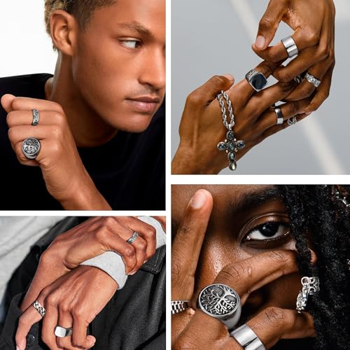 MEDOJO 10 Pcs Men's Stainless Steel Vintage Signet Ring Square Pinky Thumb Chunky Thin Band Ring Vintage Biker Band Rings Set 7-13 - color: Silver