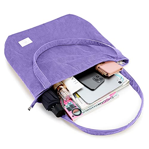 KALIDI Women Corduroy Tote Bag Zipper Casual Tote's Handbag Big Capacity Shoulder Bag with Pockets - color: Purple