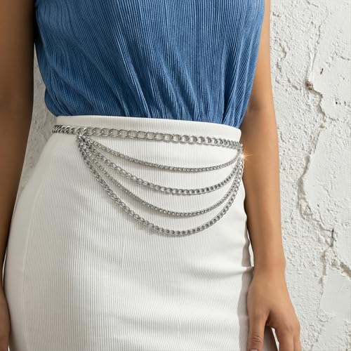 Multilayer Chain Belt, Rhinestone Cuban Belts Metal Chain Belts for Women Sparkly Waist Chain Body Jewelry for Women(silver)
