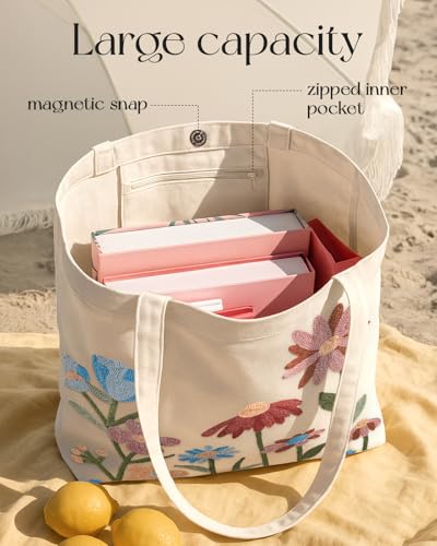 Miss Adola Embroidery Tote Bag with Pocket & Buckle - Reusable Canvas Tote for Women Cute Aesthetic Work Shopping Grocery Bag - style: Floral