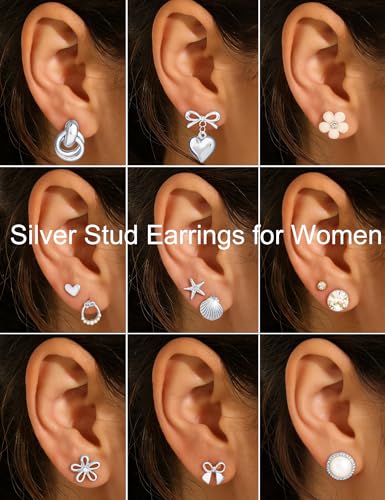 75 Pairs Gold Stud Earrings Set for Women, Trendy Hypoallergenic Pearl Cubic Zirconia Multiple Piercings Earrings Packs, Stud Hoops Earrings for Gift Jewelry - color: silver stud
