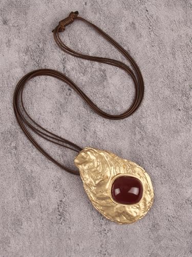 GelConnie Leather Necklace for Women Large Pendant Long Brown Necklace Circle Leather Choker Vintage Sweater Necklace Gold Chunky Boho Necklaces for Women - style: Large Red Stone Necklace