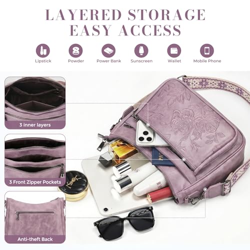Crossbody Bags for Women, Vegan Leather Medium Crossbody Purse, Spacious Daily Travel Shoulder Bag with Boho Strap - color: Purple
