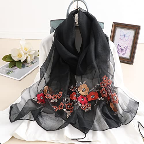 Jeelow Silk Blend Floral Fashion Scarf Shawl Wrap Lightweight Sheer For Women Floral Embroidery Wedding Party Prom - color: Petal Black