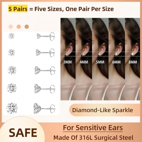 10 Pairs Small Stud Earrings for Women Precision-Cut Cubic Zirconia Earrings for Sensitive Ears Hypoallergenic Surgical Stainless Steel Tiny Stack Earrings for Multiple Piercing - color: 5 Pairs-3mm/4mm/5mm/6mm/8mm-Silver