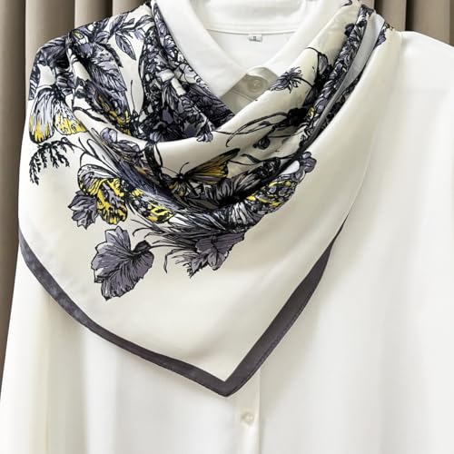 Julunar Silk Like Head Scarf for Women - Satin Large Hair Scarves - 35" Square Silk Hair Wrap for Sleeping with Gift Packed - color: A026-1 Butterfly Grey