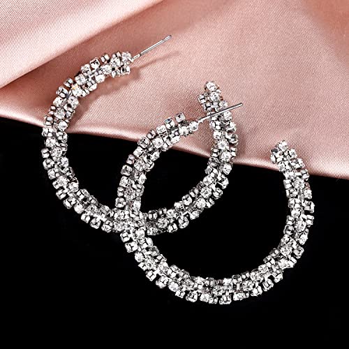 Rhinestone Hoop Earring for Women Sparkly Crystal Wrapped Hoop Dangle Earrings Statement Boho Gold Black Plated CZ Hoop Earring - color: B1: Silver