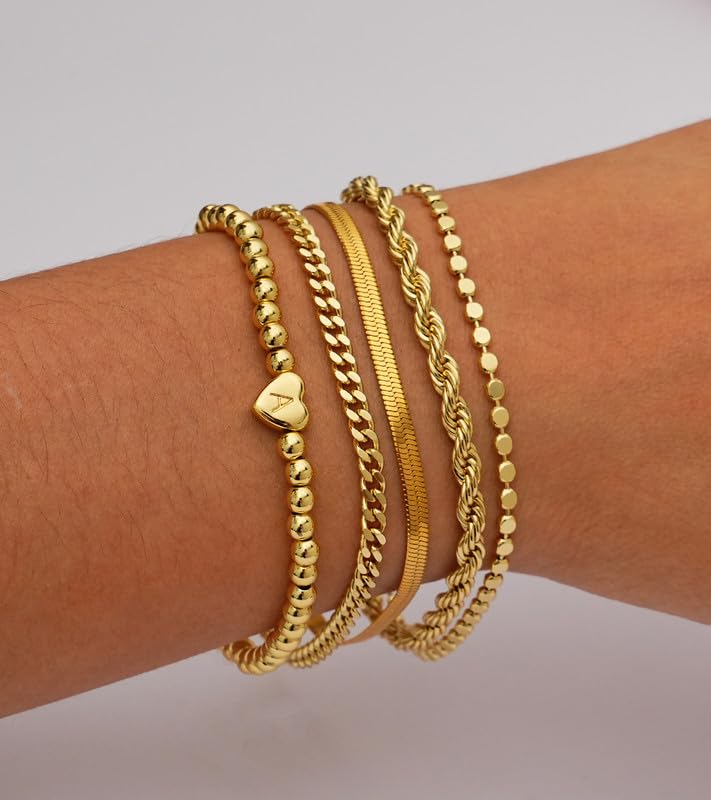 doubgood Gold Bracelets for Women Stackable, 14K Gold Plated Waterproof Bracelet Set, Dainty Adjustable Gold Bracelet Stack with Heart Initial Charm Layered Chain Jewelry Gifts for Women - color: S - Gold
