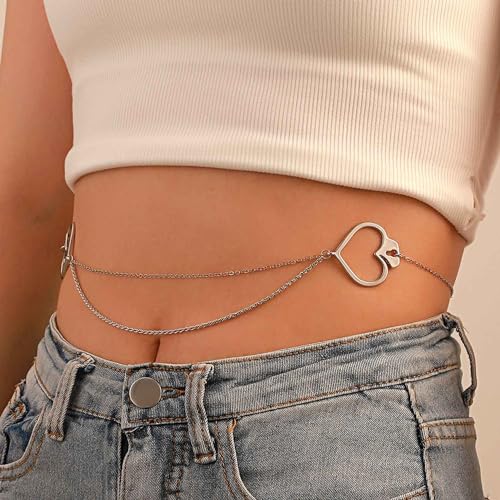 Layered Silver Waist Belly Chain Vintage Love Heart Body Chain Hollow Heart Bikini Body Chain Boho Beach Waist Chain Rave Party Prom Body Accessory Jewelry for Women Girls