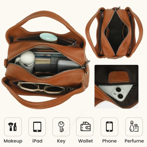 KOGTLA Medium Genuine Leather Purses for Women with Detachable Satchel Strap, Ladies Soft Handbags, Tote Hobo Bags - color: Brown