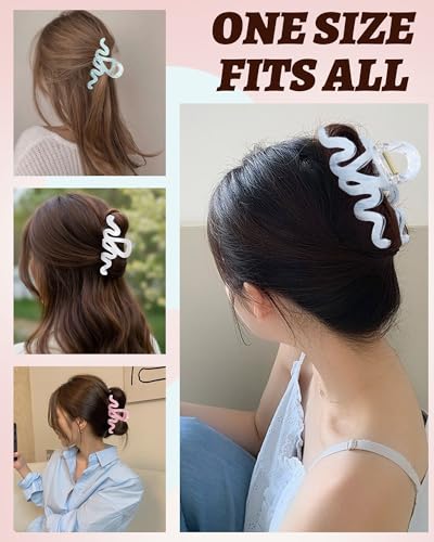 4Pcs Large Hair Claw Clips, Nonslip Cute Jelly Hair Clips for Thick Hair and Long Hair - color: Wave-White + Pink + Blue + Cyan
