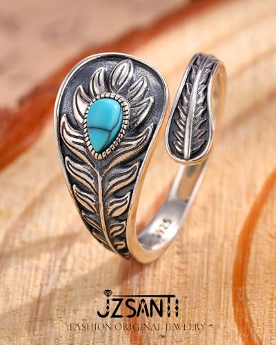 Turquoise Jewelry for Women - Sterling Silver Turquoise Rings Vintage Adjustable Sunflower Dragonfly Butterfly Spoon Ring Victorian Style Boho Antique Flower Thumb Statement Rings Jewelry Gifts for Women - color: Turquoise & Feather B