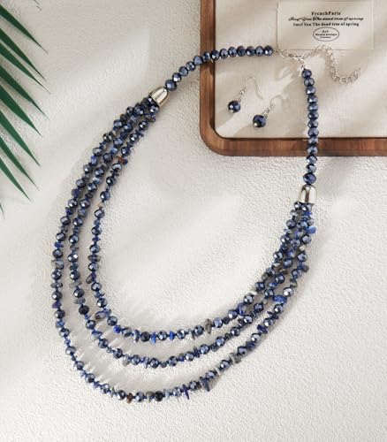 Errally Layered Beaded Statement Necklace Multi Strand Crystal Beads Collar Necklace and Earring Sets for Women Fashion Costume Jewelry Set Gifts for Her - color: 15-Blue