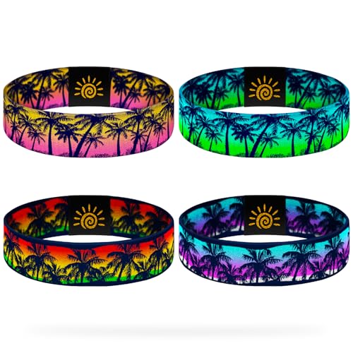 4 Pcs Surfer Beach Bracelets for Men Women Inspirational Elastic Comfy Summer Reversible Wristband Gifts Friendship Bracelets - color: Sunset Coconut Trees-Bracelets, size: (7.5") Large