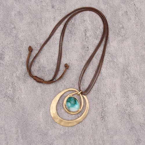 GelConnie Long Necklaces for Women Boho Large Pendant Necklace Casual Bohemian Brown Leather Choker Sweater Circle Statement Stone Necklace - style: Leather Cord Stone Necklace