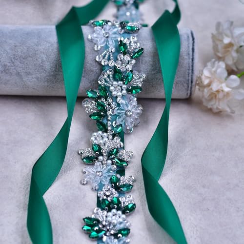 Rhinestone Wedding Bridal Belt for Women Formal Dress Handmade Crystal Beading Wedding Sash Belt - color: Green