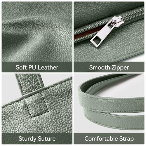 WLLWOO Soft Vegan Leather Tote Bag for Women Large Casual Hobo Handbags Zipper Shoulder Work Daily Weekender Travel Purse - color: Grey Green