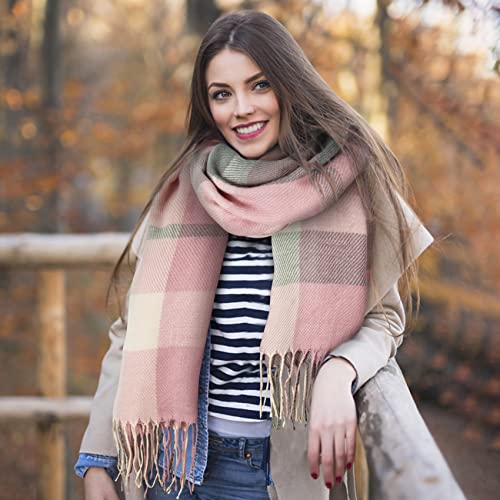 Loritta Womens Scarf Fashion Long Plaid Shawls Wraps Big Grid Winter Warm Lattice Large Scarves Gifts - color: P-pink Beige Grey Lattice