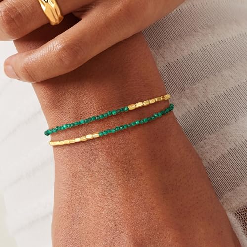 Fettero Beaded Bracelets for Women Charm Natural Stone Handmade Beads White Gold Plated Dainty Gold Bracelets Non Tarnish Boho Summer Beach Vacation Jewelry - color: Green Square-Malachite