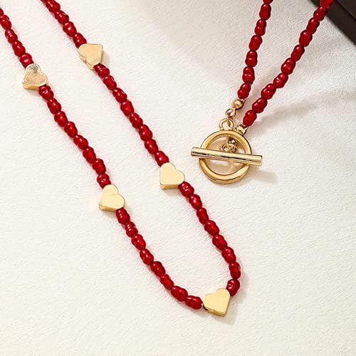 Red Beaded Necklace for Women Choker Gold Toggle Clasp Layered Stack Dainty Statement Western Boho Trendy Summer Vacation Necklaces Birthday Jewelry Gifts - color: B2:Heart Beaded Necklace