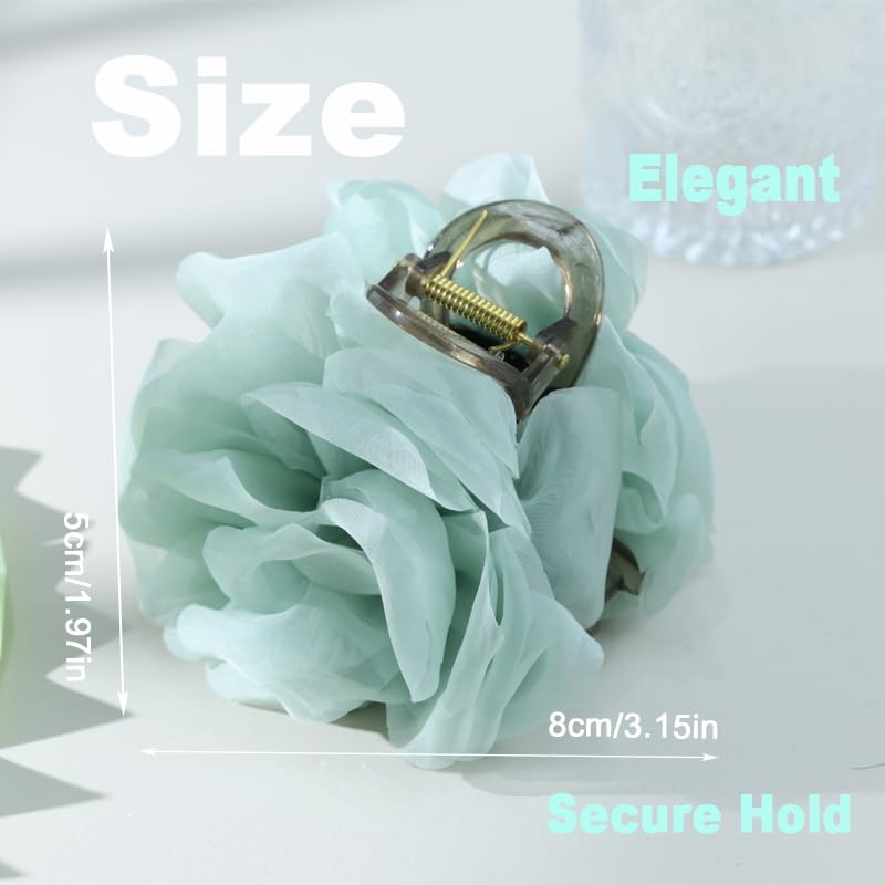 Large Chiffon Rose Flower Hair Claw Clips Boho Mesh Floral Hair Pins Barrettes Strong Hold Non-Slip Beach Vacation Hair Accessories for Women (Green Rose Flower Hair Clips) - color: Green Rose Flower Hair Clips