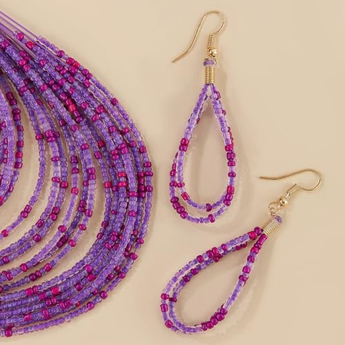 Bohemian Colorful Beaded Earrings Necklace Geometric Teardrop Dangle Earrings Multi-layered Stackable Choker Necklaces Boho Seed Bead Chain Statement Beach Party Accessories - color: Purple