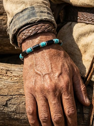 Turquoise Bracelet, Handmade Turquoise Beaded Wood Hematite Boho Bracelet, Western Jewelry for Women & Men
