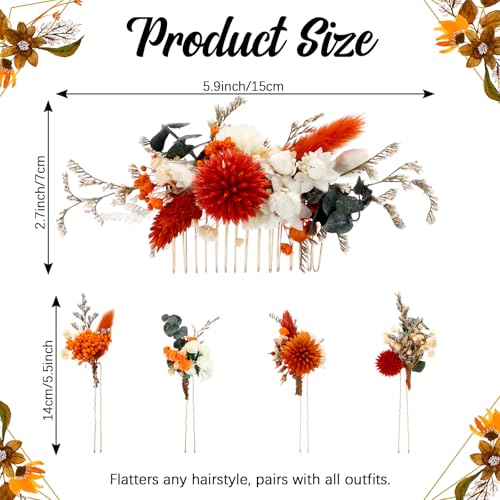 Suncalla 5 Pcs Burnt Orange Dried Flower Hair Pins for Wedding Baby Breath Comb with Eucalyptus Leaves Fall Hair Accessories Bulk for Women Girls Bride Bridesmaid Bachelorette - color: Orange, style: Warm