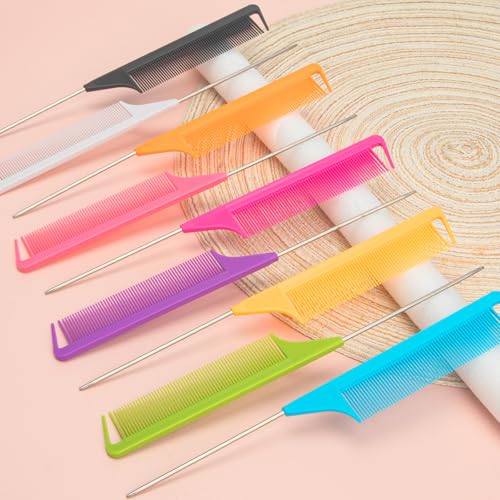 Schembo 10 Packs Rat Tail Combs Metal Pick Styling Parting Lightweight Sectioning Fine Tooth Combs with Heat Resistant Teasing Comb for Women, Men, Girls Hair Styling
