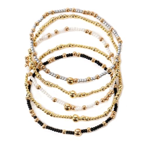 14K Gold Plated Beaded Bracelets Stack Set for Women,Stretch Boho Colorful Beads Ball Jewelry Friendship Summer Trendy - color: White ball