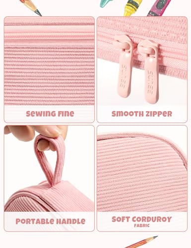 SUNEE Cute Pencil Case, Large Pencil Pouch, Aesthetic Big Pencil Bag with Zipper, Kawaii Stationery Storage and Organizer, Soft Corduroy Bag School Supplies for Teen and Adult, Boys&Girls, Soft Pink - color: Soft Pink