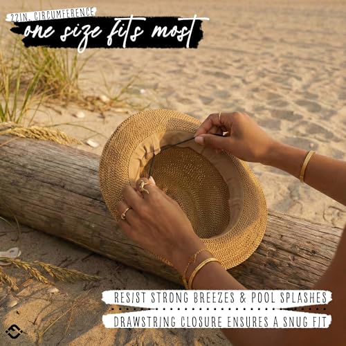 Funky Junque Straw Fedora Hats for Women - UPF 50+ Sun Hat, Short Brim Packable Beach Hat with Woven Pattern - color: Natural Multi W/ Beaded Ropes